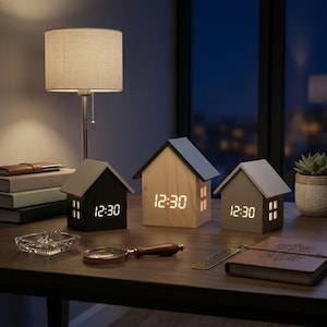 May include: Three house-shaped digital clocks displaying 12:30. The clocks are black, natural wood, and gray, with gray or black roofs. A lamp, books, and a magnifying glass are on the wooden table.