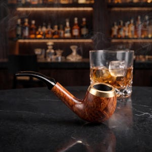 May include: A wooden tobacco pipe with a black stem and gold-colored metal band sits on a dark surface. A glass of amber liquid with ice cubes is in the background, with a blurred bar shelf filled with bottles.