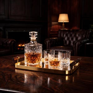 May include: A crystal whiskey decanter and three matching glasses filled with amber liquid sit on a gold-colored tray with wooden handles. The glasses and decanter have a diamond-cut pattern.