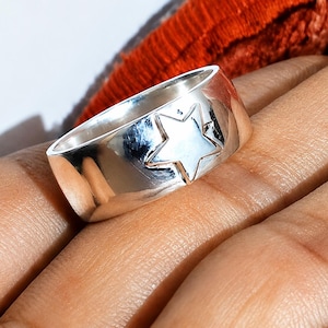 Sterling Silver Star Ring, Wide Statement Band, Minimalist Celestial Style