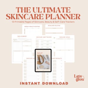 Może przedstawiać: Cyfrowy planer pielęgnacji skóry z tekstem "THE ULTIMATE SKINCARE PLANNER" i "13 stron do wydruku z pielęgnacji skóry, urody i śledzenia dbania o siebie". Planer zawiera strony do cotygodniowych rutyn, śledzenia nawyków i celów.