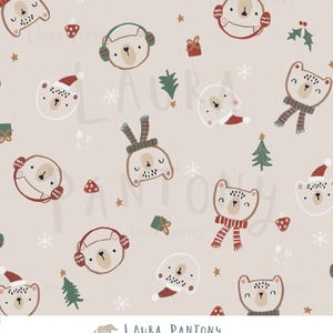 May include: A light beige fabric pattern featuring cartoon bear faces wearing winter accessories like scarves, earmuffs, and Santa hats, interspersed with small green Christmas trees, red gift boxes, mushrooms, and white snowflakes.