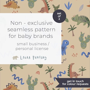 Może przedstawiać: Bezszwowy wzór z dinozaurami, kaktusami i palmami w odcieniach brązu, zieleni i błękitu na beżowym tle. Projekt zawiera tekst "Non - exclusive seamless pattern for baby brands".