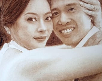 Original Coffee Painting Wedding Couple Wall Art, Custom Romantic Couple Portrait on Canvas, Unframed Rolled Canvas Painting 55x70 cm