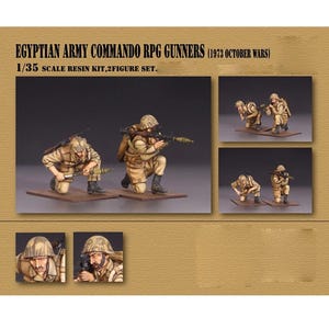 May include: A resin kit depicting Egyptian Army Commando RPG Gunners from the 1973 October Wars. The set includes two figures in a 1/35 scale, shown in combat poses, wearing desert camouflage uniforms and helmets. The figures are kneeling and aiming RPGs.