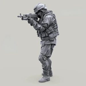 May include: A gray-toned figure of a person in tactical gear, holding a rifle with a scope and a flashlight attachment. The person is wearing a helmet, tactical vest, and combat boots. The figure is in a shooting stance, with the rifle aimed forward.