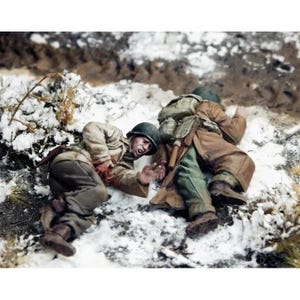 May include: A diorama depicting two soldiers in a snowy battlefield scene. One soldier, wearing a helmet and khaki uniform, is wounded with blood visible. The other soldier is wearing a brown coat and green pants. The scene is set in a snowy environment.