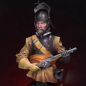 May include: A detailed bust of a historical figure, a soldier, in a dark metal helmet and armor. The figure has a stern expression, a beard, and is holding a firearm. The color palette includes shades of brown, tan, and black.
