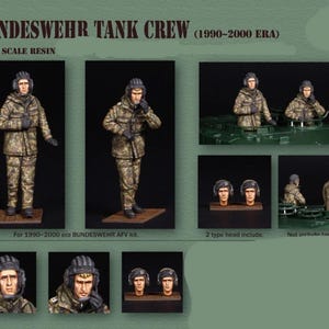 Puede incluir: Colección de figuras de resina a escala 1/35 que representan a miembros de la tripulación de tanques de la Bundeswehr de la era 1990-2000. Las figuras presentan uniformes y equipamiento detallados. La imagen incluye múltiples vistas de las figuras, incluyendo representaciones de cuerpo completo y solo de cabeza.