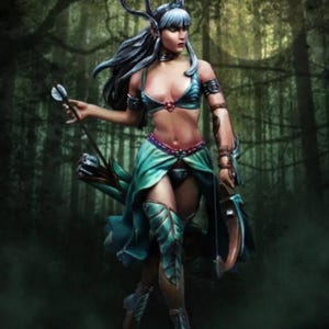 May include: A detailed figurine of a Moon Elf archer in a forest setting. The elf wears a teal and purple outfit with leaf-like accents, holding a bow and arrow. The figure has long flowing hair and ornate headwear.