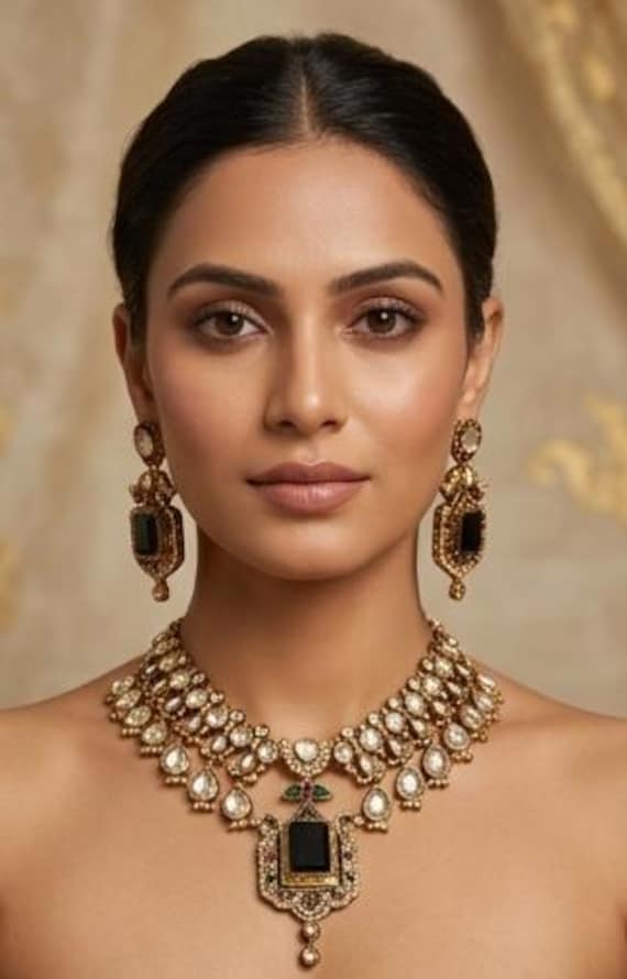 Luxury Kundan Black Stone Bridal Necklace Set, Indian Wedding Jewelry Set,, Traditional Bridesmaid Jewelry, Royal Ethnic Necklace Set