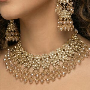 Lyxigt Kundan Pärlsmyckesset, Guldfärgade Statement Halsband Örhängen, Indiska Bröllopssmycken, Traditionellt Choker Set, Brudaccessoarer