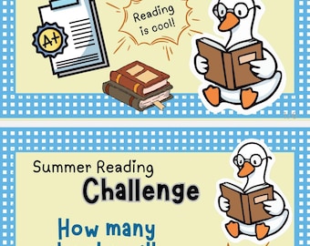 Zomerleesuitdaging voor leerlingen schoolposter en uitdagingenlijst om leerlingen te motiveren om in de zomer te lezen.