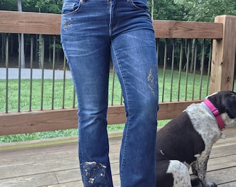 Upcycled reworked name brand size 8 short gold hand-painted mandala boho women's kick boot cut jeans