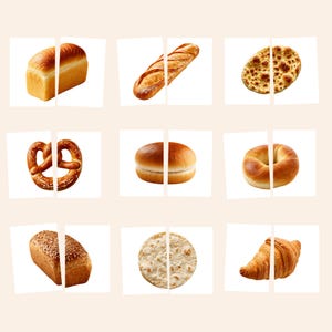 Pode incluir: Uma grade de nove cartões brancos, cada um exibindo um tipo diferente de pão dividido ao meio. A coleção inclui um pão de forma, baguete, pão sírio, pretzel, pão de hambúrguer, bagel, pão com sementes, tortilha e um croissant.