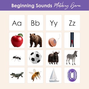 Può includere: Un gioco educativo Beginning Sounds Matching Game con una griglia di lettere e immagini. Le lettere Aa, Bb, Yy e Zz sono in alto. Sotto ci sono immagini di una mela, orso, yo-yo, cerniera, formica, pallone da calcio, yak, zebra, alligatore, ape, barca a vela e il numero zero.