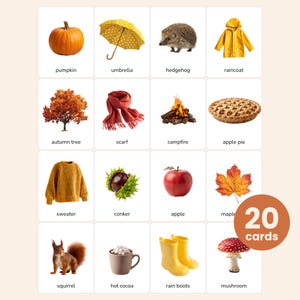May include: A set of 20 educational cards featuring autumn-themed illustrations including a pumpkin, yellow polka-dot umbrella, hedgehog, yellow raincoat, orange tree, red scarf, campfire, apple pie, sweater, conker, apple, maple leaf, squirrel, hot cocoa, yellow rain boots, and a mushroom.
