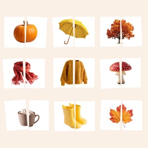 May include: A grid of nine split images featuring an orange pumpkin, a yellow polka-dot umbrella, an autumn tree with orange leaves, a red fringed scarf, a mustard yellow knit jumper, a red and white mushroom, a mug of cocoa, yellow boots, and a leaf.