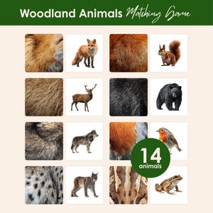 Op de afbeelding: Een Woodland Animals Matching Game met de tekst "Woodland Animals Matching Game" en "14 animals". Het raster bevat paren vierkante kaarten met close-ups van vacht- of huidtexturen naast afbeeldingen van een vos, eekhoorn, hert, beer, wolf, roodborstje, lynx en kikker.
