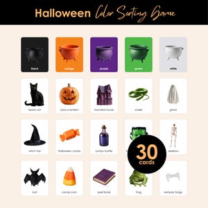 Halloween färgsorteringsspel för barn, Halloweenaktivitet för förskola, utskrivbart färgmatchningsspel, förskolelärande