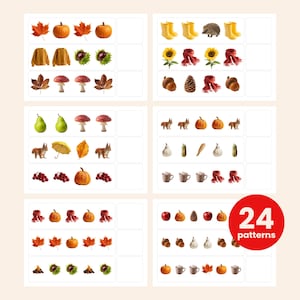 May include: A set of six educational worksheets featuring 24 patterns of autumn-themed icons including pumpkins, leaves, mushrooms, squirrels, acorns, sunflowers, scarves, and mugs. Each row displays a sequence of images with an empty box at the end.