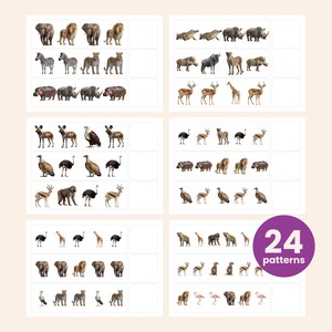 Puede incluir: Un conjunto de seis hojas de trabajo educativas con filas de ilustraciones de animales salvajes africanos, incluyendo elefantes, leones, cebras y jirafas. Cada fila contiene cuatro imágenes de animales seguidas de un cuadro vacío. Un círculo morado muestra el texto 24 patterns.