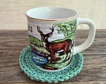 Vintage Blackwater Falls Deer Mug with Crochet Coaster | Rustic Woodland Coffee Cup