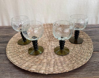 Vintage Etched Cordial Glasses Set of 4 | Green Stem Floral Grapevine Barware
