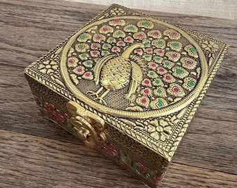 Vintage Peacock Jewelry Box | Gold Tone Trinket Keepsake Storage