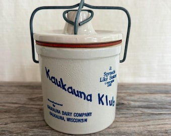 Vintage Kaukauna Klub Sharp Cheddar Stoneware Crock, Wisconsin Dairy Advertising Container