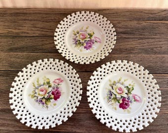 Set of 3 Lefton China Reticulated Plates, Hand-Painted Roses, Cottagecore Floral Wall Decor