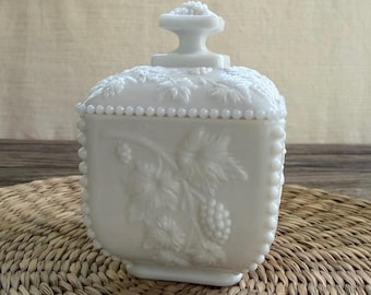 Vintage Westmoreland Milk Glass Paneled Grape Covered Dish, Square Trinket Box