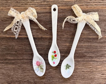 Set of 3 Vintage Ceramic Spoons | Rose, Strawberry, Lily of the Valley Cottagecore Decor