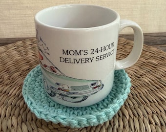 Vintage 1990 Mom's Taxi Mug | "Mom's 24-Hour Delivery Service" | Crochet Coaster Set