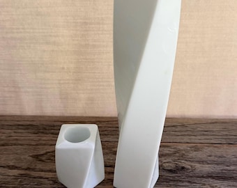 Vintage Japanese Twisted Geometric Candlestick Holders Pair – Mid Century Modern White Glass