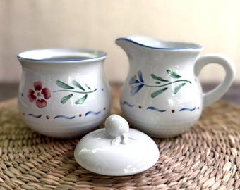 Vintage Creamer and Sugar Bowl Set | International Tableworks Japan Stoneware | Floral Blue Trim |Cottage Core Kitchen Decor