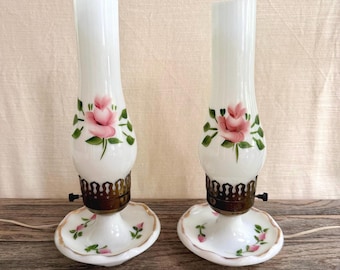 Vintage Hand Painted Milk Glass Lamps, Pink Roses, Mid Century Hurricane Style