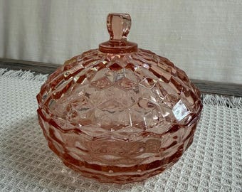 Vintage Pink Pressed Glass Covered Candy Dish | Diamond Pattern Trinket Box