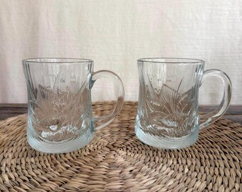 Vintage GlocoLoc Wheat Tulip Pressed Glass Mugs (Set of 2) | Mid-Century Farmhouse Kitchen Decor