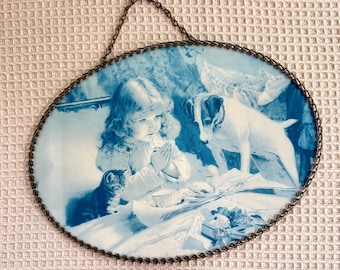 Vintage Blue White Victorian Girl Dog Kitten Fireplace Flue Cover Wall Hanging