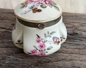 Lefton Japan Porcelain Trinket Box, Hand-Painted Floral Butterfly, Mid-Century Vanity Keepsake Box