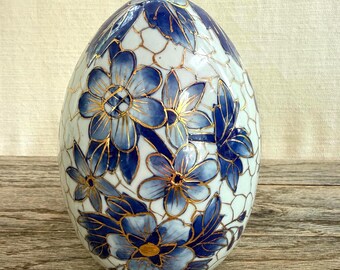 Vintage Blue Floral Egg Vase | Cloisonné Style Porcelain Display Piece