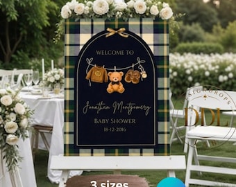 Polo Teddy Bear Baby Shower Welcome Sign, Editable Canva Template, Blue Theme (Digital Download)