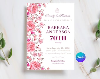 70th Birthday Invitation Template, Editable Blush Floral Invitation, 70 Years Loved, Printable 5x7 & Digital Mobile Evite, Pink Canva Invite