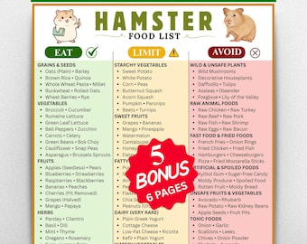 Hamster Food List Printable, Safe & Toxics Food Chart, Dwarf Hamster Food ,Syrian Hamster,7-Day Meal Plan,Grocery List and Portion Guide PDF