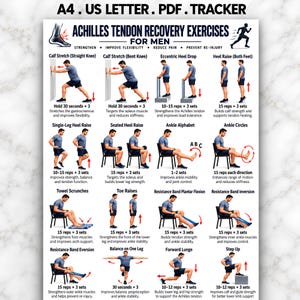 May include: A white informational poster titled Achilles Tendon Recovery Exercises for Men, featuring A4 and US Letter PDF tracker text. It displays sixteen illustrated exercise routines with instructions, rep counts, and red directional arrows.