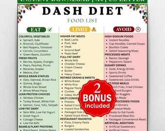DASH Diet Food List Printable PDF, DASH Diet Food Guide, Heart Healthy Blood Pressure Diet, Low Sodium Dash Diet Meal plan & Grocery List