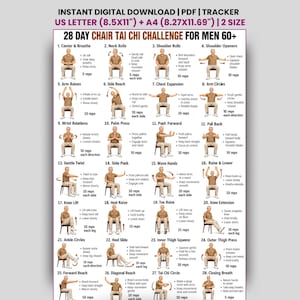 May include: A digital 28-day chair tai chi challenge chart for seniors, featuring 28 illustrated seated exercises with instructions. The document includes US letter 8.5x11 inch and A4 8.27x11.69 inch formats for download.