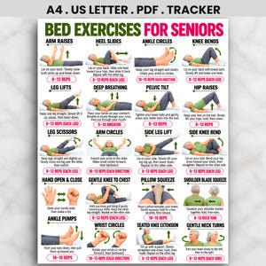 Może przedstawiać: Cyfrowa tabela zatytułowana Bed Exercises for Seniors zawierająca ilustracje osób wykonujących różne ćwiczenia fizyczne. Dokument zawiera instrukcje tekstowe dla ćwiczeń takich jak unoszenie ramion, przesuwanie pięt i krążenia kostek, sformatowany dla A4 i US Letter.