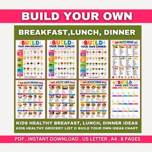 May include: A collection of eight printable charts featuring Build Your Own Breakfast, Lunch, and Dinner guides, a Kids Healthy Grocery List, and a Build Your Own Ideas chart. Each page includes colorful food illustrations and text for meal planning.